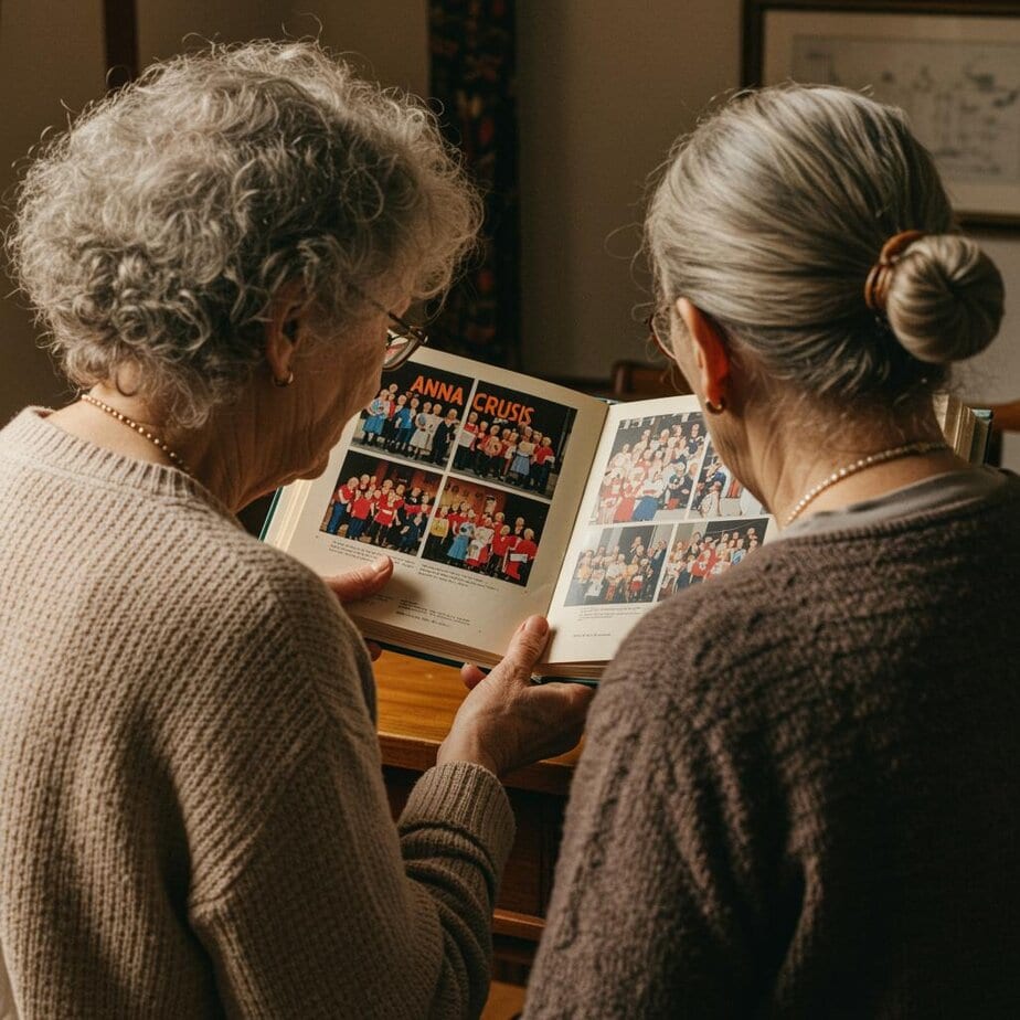 two older women looking an an ANNA scrapbook